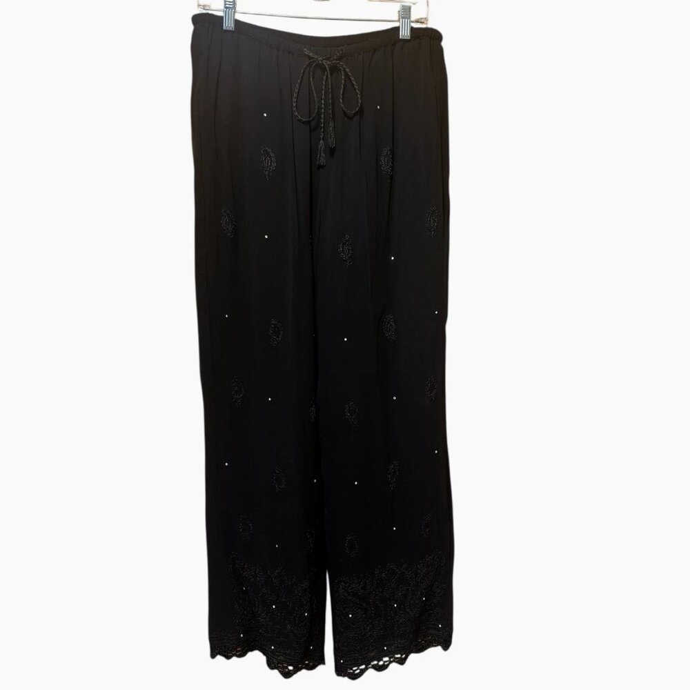Soft Surroundings Embroidered Rhinestone Palazzo Pants M Black Boho Luxe Resort